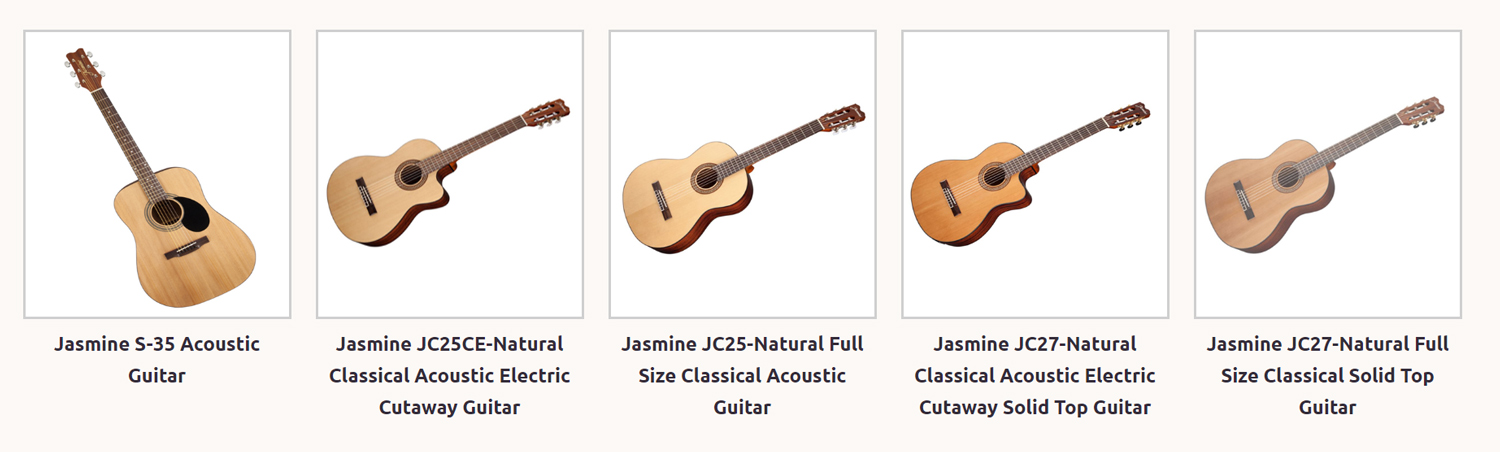 line-up view of Jasmine 
		brand Guitars.