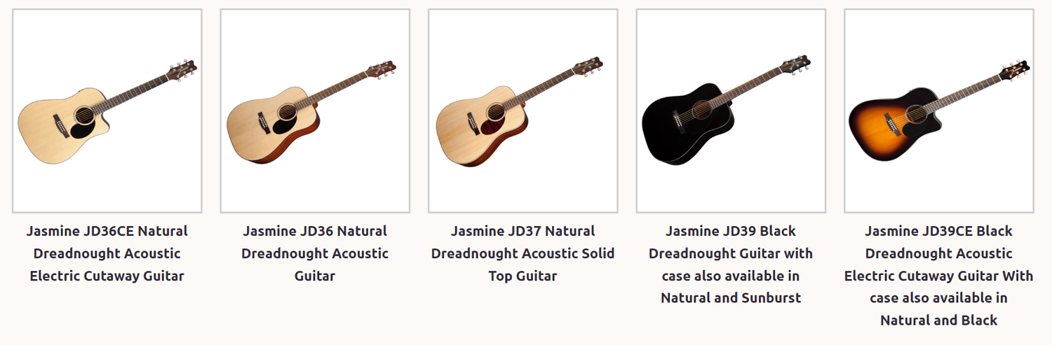 another line-up view of 
		more Jasmine 
			brand Guitars.