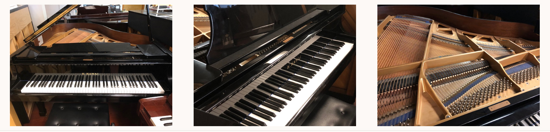 triple view picture of a Kawai Grand Piano, third 
					picture shows interior with frame and strings showing prominently.
