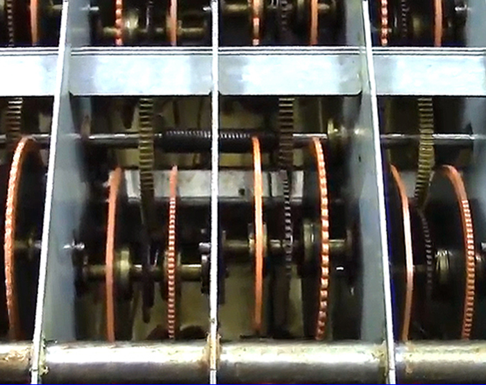 view of some of the 91 tonewheels in a typical
		Hammond tone generator.